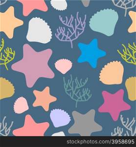 Marine seamless pattern. Colored silhouettes of marine life. Scallops and starfish. Vector background.