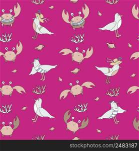 Marine seamless pattern. Cute funny crabs and seabirds seagulls, corals and shells on a bright pink background. Vector. For design and printing, packaging, textiles, wallpaper and decor