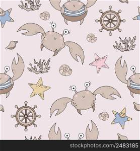 Marine Seamless Pattern. Cute funny crabs with eyes and corals, starfishes and seashells on a light background. Vector. For design, decor, printing, packaging, textiles and wallpaper and decoration
