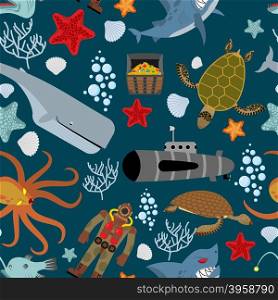 Marine seamless pattern. Inhabitants of ocean. Keith and aquatic turtle. Diver and submarine. Corals and starfish. Treasure chest and angry shark. Kraken Octopus. Vector background.