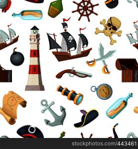 Marine seamless pattern with different pirates items. Vector pirate, travel, steering wheel and bottle of rum, anchor and cross sword illustration. Marine seamless pattern with different pirates items