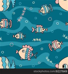 Marine seamless pattern with doodle fishes and waves. Perfect print for tee, textile, fabric and paper. Hand drawn vector illustration for decor and design.