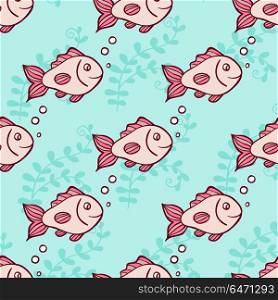 Marine seamless pattern with fish and air bubbles on a green background. Hand drawn vector illustration.. Marine seamless pattern with fish