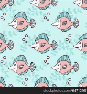 Marine seamless pattern with flounder on a green background. Hand drawn vector illustration.. Marine seamless pattern with flounder