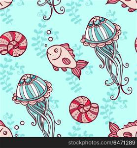 Marine seamless pattern with jellyfish and fish on a green background. Hand drawn vector illustration.. Seamless pattern with jellyfish and fish
