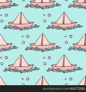 Marine seamless pattern with paper ship floating on the waves. Hand drawn vector background.. Marine pattern with paper ship