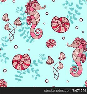 Marine seamless pattern with sea horses and shells on a green background. Hand drawn vector illustration.. Marine seamless pattern with sea horses