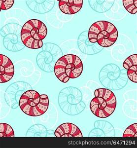 Marine seamless pattern with sea shells on a green background. Hand drawn vector illustration.. Marine seamless pattern with sea shells