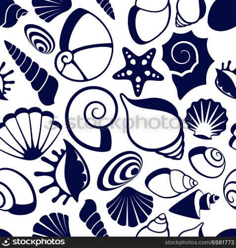 Marine seamless vector pattern with sea shells. Seashell spiral drawing seamless pattern illustration. Marine seamless vector pattern with sea shells