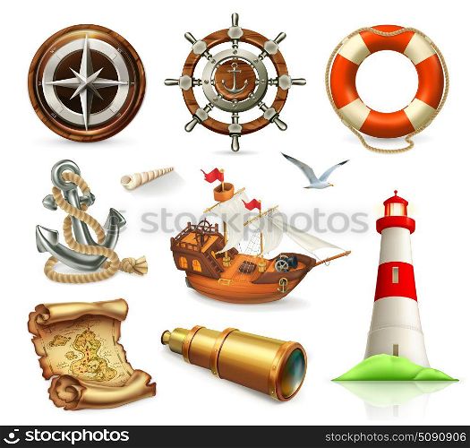 Marine set. Summer vacation 3d vector icons