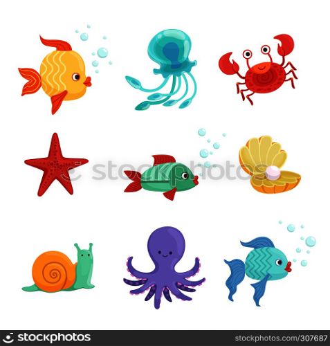 Marine set with underwater plants and sea fishes in cartoon style. Vector illustrations set of cartoon animal and creature. Marine set with underwater plants and sea fishes in cartoon style. Vector illustrations set