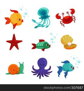Marine set with underwater plants and sea fishes in cartoon style. Vector illustrations set of cartoon animal and creature. Marine set with underwater plants and sea fishes in cartoon style. Vector illustrations set