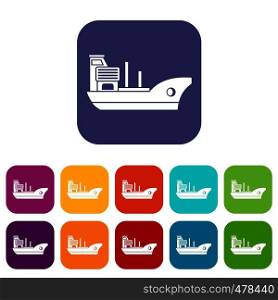 Marine ship icons set vector illustration in flat style in colors red, blue, green, and other. Marine ship icons set