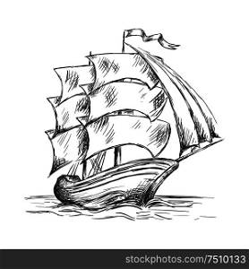Marine sketch of old ship under full sails with flag on mast. Marine adventure or nautical theme design. Old ship under full sails in ocean water