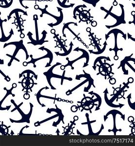 Marine themed seamless pattern of blue ship anchors with vintage helms and chains over white background. Nautical backdrop or sea journey, summer vacation concept design usage. Nautical anchors, helms, chains seamless pattern