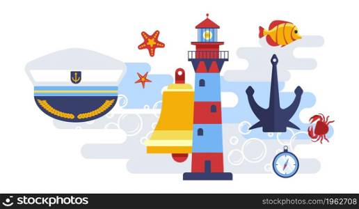 Marine themed symbols, cap of captain, beacon with light, bell and anchor for ship vessel. Timer or clock showing time, fish and crab with seastar. Animals and equipment. Vector in flat style. Nautical and marine symbols, sea themed decor