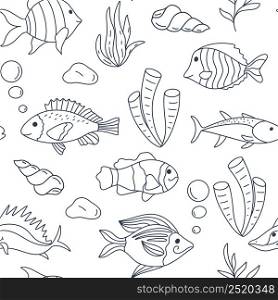 Marine underwater seamless pattern with fish and algae. Background ocean floor. Model coloring marine life. Template for baby stuff, textile, paper, wallpaper and design vector illustration. Marine underwater seamless pattern with fish and algae