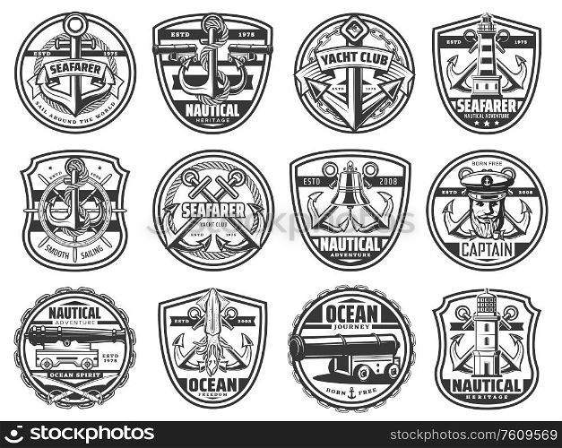 Marine vector icons, yacht club and seafarer nautical heraldic signs. Ocean journey and nautical adventure club, ship anchor and helm, lighthouse, captain smoking pipe, cannon and boat bell. Nautical icons, marine seafarer ship, anchor, helm