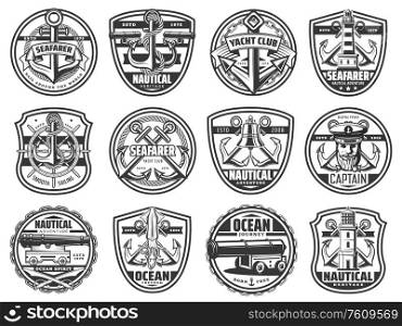 Marine vector icons, yacht club and seafarer nautical heraldic signs. Ocean journey and nautical adventure club, ship anchor and helm, lighthouse, captain smoking pipe, cannon and boat bell. Nautical icons, marine seafarer ship, anchor, helm