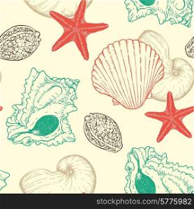 Marine vector seamless pattern with sea shells
