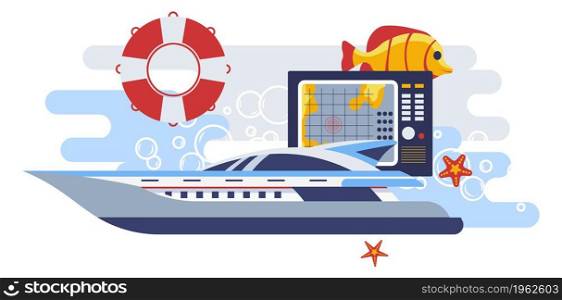 Marine vessel with lifebuoy and screen showing destination and helping to navigate. Fish and seastar, water creatures. Adventure and voyage with luxurious mean of transport. Vector in flat style. Ship vessel with lifebuoy and navigation screen