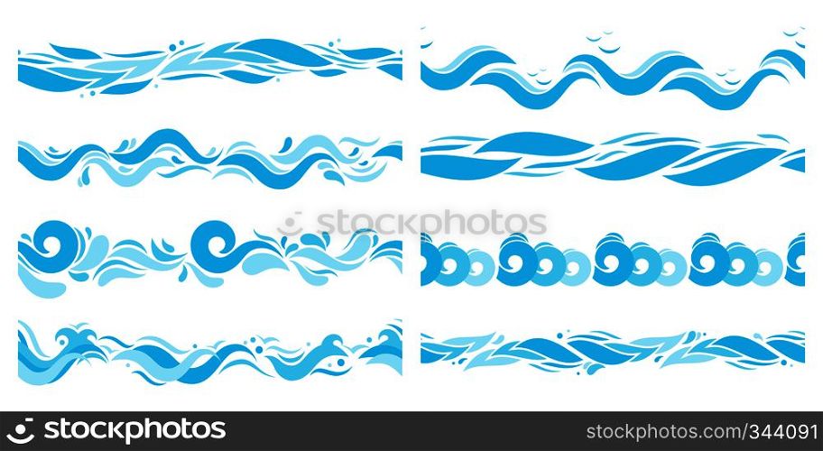 Marine waves. Sea water wave, swim pattern and horizontal divider ocean patterns. Nautical seaside swirl storm border, blue sea waves or river wave. Vector isolated illustration set. Marine waves. Sea water wave, swim pattern and horizontal divider ocean patterns vector illustration