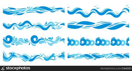Marine waves. Sea water wave, swim pattern and horizontal divider ocean patterns. Nautical seaside swirl storm border, blue sea waves or river wave. Vector isolated illustration set. Marine waves. Sea water wave, swim pattern and horizontal divider ocean patterns vector illustration