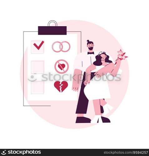 Marital status abstract concept vector illustration. Civil status, persons relationship, single married, checkbox, marital state, wedding rings, married couple, divorced widowed abstract metaphor.. Marital status abstract concept vector illustration.