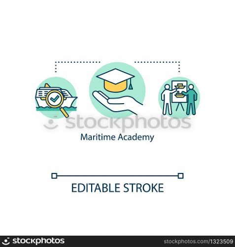 Maritime academy concept icon. Graduation from marine university. Naval training for students idea thin line illustration. Vector isolated outline RGB color drawing. Editable stroke