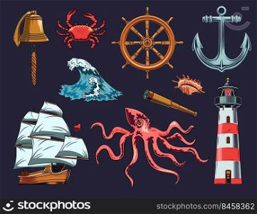 Maritime and nautical elements illustration set. Vintage design with sea animals, ship, wave, anchor, pipe and bell isolated vector illustration collection. Marine objects and accessories concept