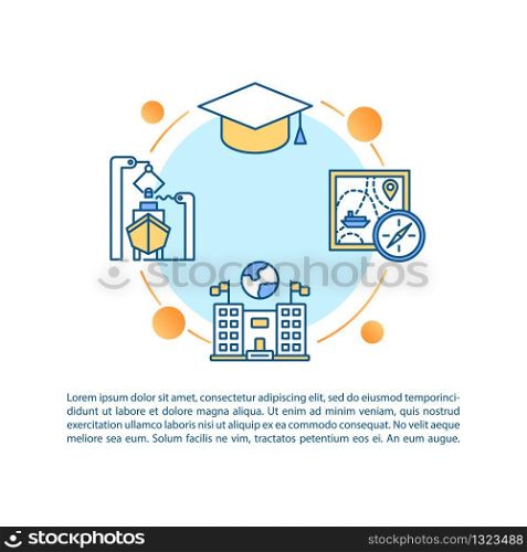 Maritime engineering education concept icon with text. Study for maritime speciality. Academic degree. PPT page vector template. Brochure, magazine, booklet design element with linear illustrations