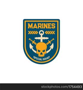 Maritime forces patch on uniform with sword anchor, dead mariner skull isolated special squad emblem. Vector marines special squad with naval symbols maritime military chevron navy officer patch. Marines special squad with naval anchor and swords