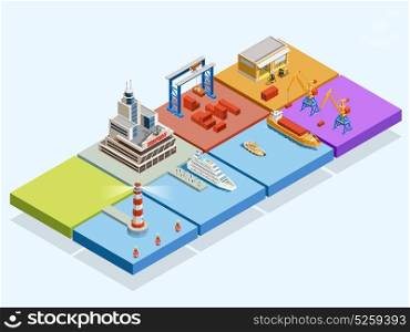 Maritime Logistic Isometric Concept. Maritime logistic isometric concept with ships lighthouse port crane containers warehouse tug passengers vector illustration