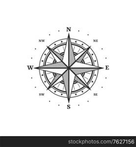 Maritime navigation equipment, retro windrose isolated monochrome icon. Vector vintage compass, marine orientation instrument with dial and arrows, pointing on north and south, east or west. Marine rose of wind retro compass windrose sign