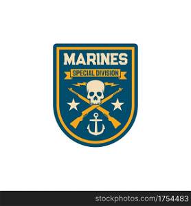 Maritime navy special division chevron with crossed rifles, skull head skeleton and anchor isolated patch on military uniform. Intelligence squad of marine forces, insignia of armed naval combat. Marines special division chevron rifles and skull