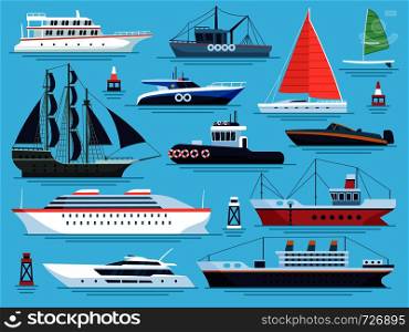 Maritime ships flat. Water carriage, vessels boats yacht ship battleship warship large vessel and speedboat. Sea cargo dock vector set. Maritime ships flat. Water carriage, vessels boats yacht ship battleship warship large vessel. Sea cargo dock vector set