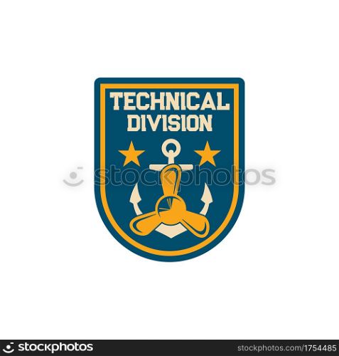 Maritime technical division special squad isolated army chevron with anchor and boat propeller, naval stars. Vector navy marine forces patch on military uniform. Chevron of technical services squad. Technical division maritime forces uniform chevron