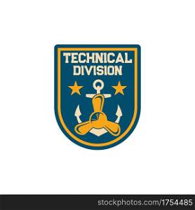 Maritime technical division special squad isolated army chevron with anchor and boat propeller, naval stars. Vector navy marine forces patch on military uniform. Chevron of technical services squad. Technical division maritime forces uniform chevron