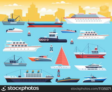 Maritime transport. Shipping dock with big sea or ocean vessel and sail boat, yacht and travel motor cruiser in harbour vector set. Maritime transport. Shipping dock with big sea or ocean vessel and sail boat, yacht and travel motor cruiser vector set