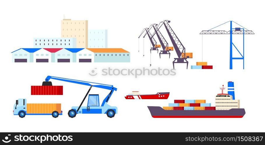 Maritime transportation flat color vector objects set. Freight ships, cargo containers, heavy cranes and warehouses 2D isolated cartoon illustrations on white background. Freight shipping business