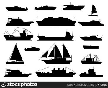 Maritime vessel silhouette. small sailboat, travel cruise boats and ship, yacht and boating transportation vessels vector black isolated icons. Maritime vessel silhouette. small sailboat, travel cruise boats and ship, yacht and transportation vessels vector icons