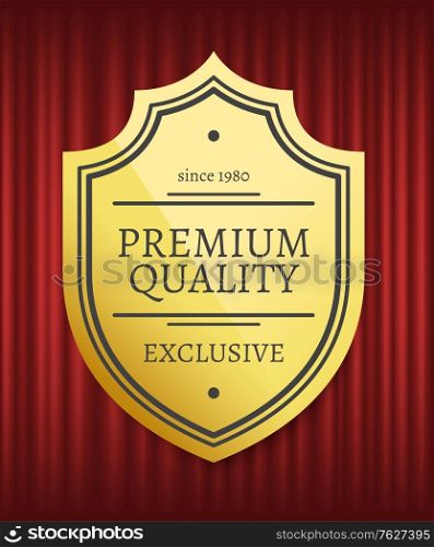 Mark or medal with ribbon, high quality, best choice. Guarantee golden sticker with stars symbols, on red curtain, geometric emblem, store vector. Premium best quality, label inscription. Best Choice, High Quality, Premium Mark Vector