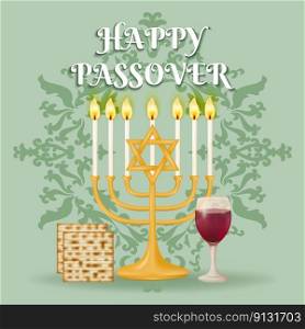 Mark the occasion of Passover with this elegant background featuring the Menorah, Matzah, matzo, and a wineglass of red wine set against a intricate patterned design. Vector illustration.. Mark the occasion of Passover with this background