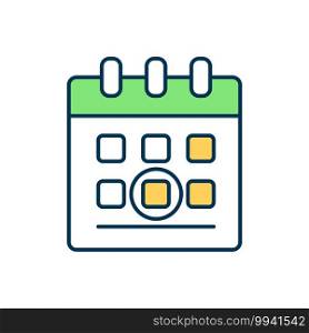 Marked date in calendar RGB color icon. Celebrate holiday. Circled day for appointment. Plan event on schedule, deadline for project. Weekly agenda. Booked date. Isolated vector illustration. Marked date in calendar RGB color icon