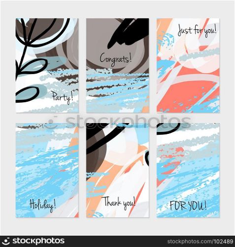 Marker and crayon brush with doodles.Hand drawn creative invitation or greeting cards template. Anniversary, Birthday, wedding, party, social media banners set of 6. Isolated on layer.
