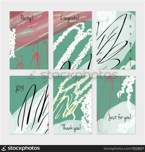 Marker and crayon brush with doodles.Hand drawn creative invitation or greeting cards template. Anniversary, Birthday, wedding, party, social media banners set of 6. Isolated on layer.