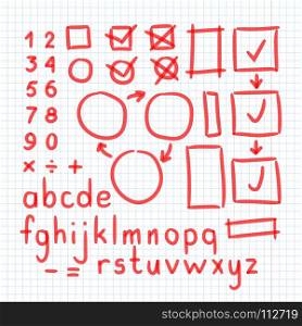 Marker Hand Written Doodle Symbols Vector. Letters, Numbers, Mathematical Symbols. Marker Hand Written Doodle Symbols Vector. Letters, Numbers