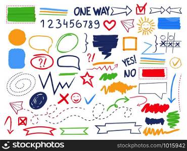 Marker highlight. Pen coloring scribble selection arrows frames and borders oval circle square vector shapes. Illustration of marker highlighter, arrow drawing line, sketchy checkmark. Marker highlight. Pen coloring scribble selection arrows frames and borders oval circle square vector shapes