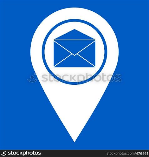 Marker location with envelope sign icon white isolated on blue background vector illustration. Marker location with envelope sign icon white