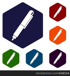 Marker pen icons set hexagon isolated vector illustration. Marker pen icons set hexagon